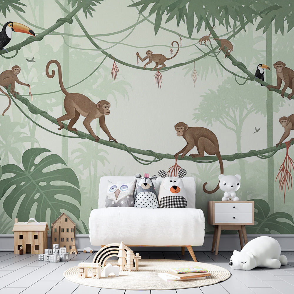 Kids-Mundo monkey and toucan wall mural bringing movement and colour to a playroom.