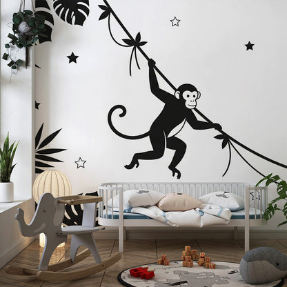 Kids-Mundo black and white jungle mural with swinging monkey fitted made to measure on a bedroom wall.
