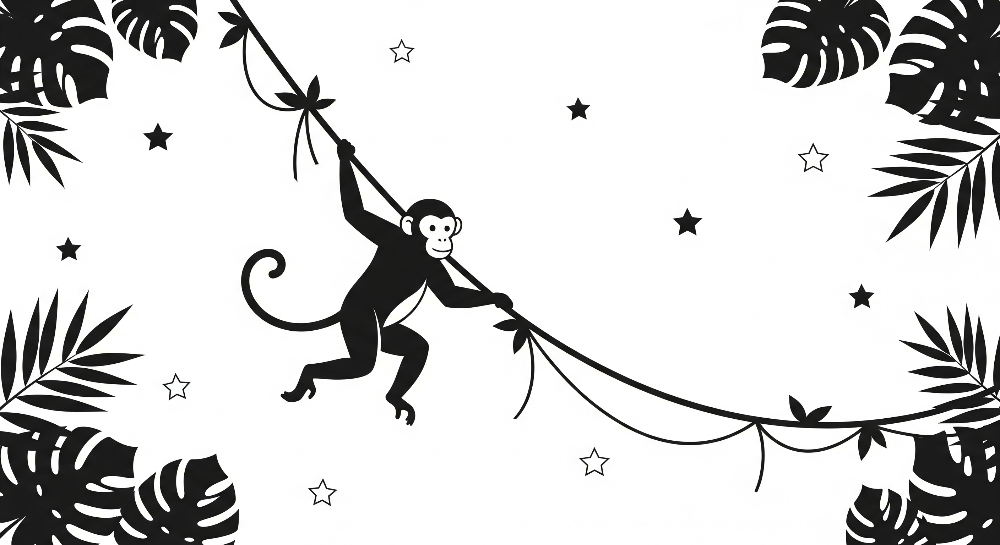 Monochrome Monkey on a Vine with Stars Wall Mural