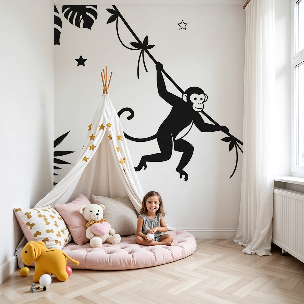 Kids-Mundo monochrome monkey wall mural with stars printed made to measure in a nursery.
