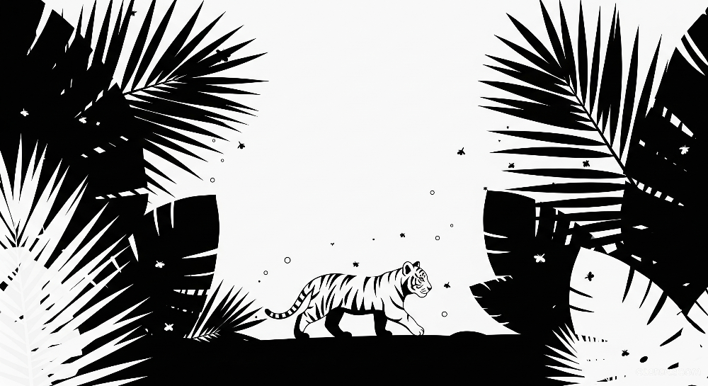 Monochrome Tiger in a Stylised Jungle Wall Mural