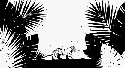 Flat artwork preview of the Kids-Mundo monochrome tiger wall mural walking through stylised jungle palm leaves.