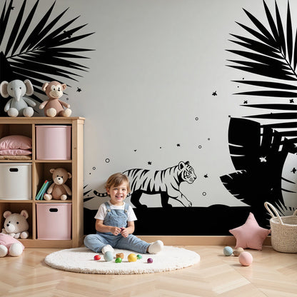 Kids-Mundo monochrome tiger jungle wall mural installed above a cot in a stylish black and white nursery.