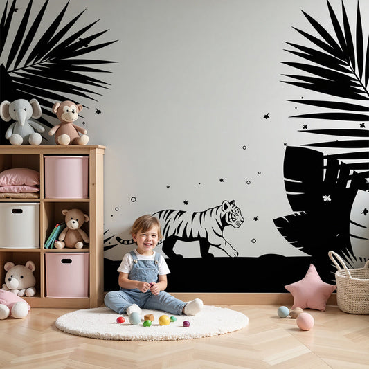 Kids-Mundo monochrome tiger jungle wall mural installed above a cot in a stylish black and white nursery.