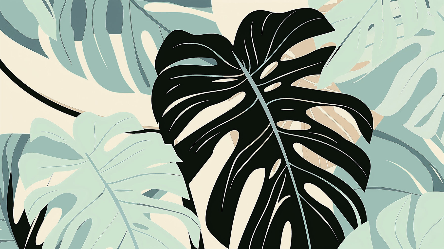 Detailed monstera leaves mural wallpaper design pattern with tropical botanical motifs by Kids-Mundo
