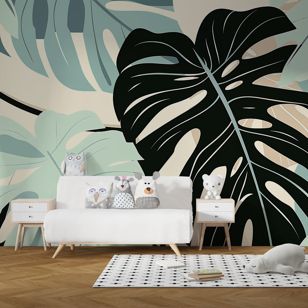 Nature-inspired mural wallpaper transforming children's playroom with botanical monstera design