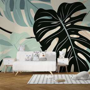Nature-inspired mural wallpaper transforming children's playroom with botanical monstera design