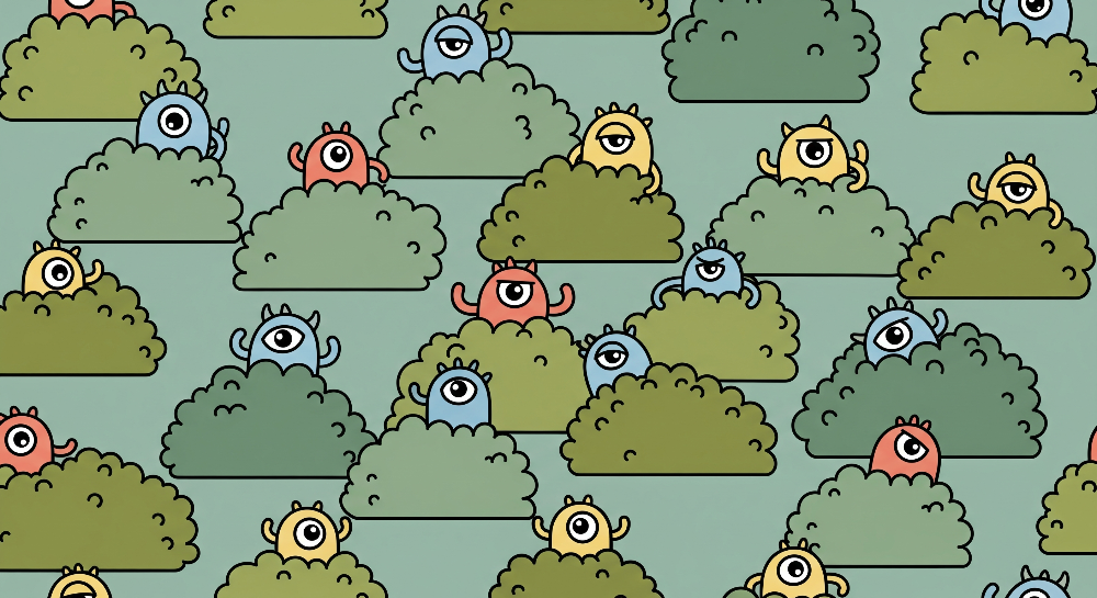 Curious Monsters Peeking from Leafy Green Bushes Wall Mural