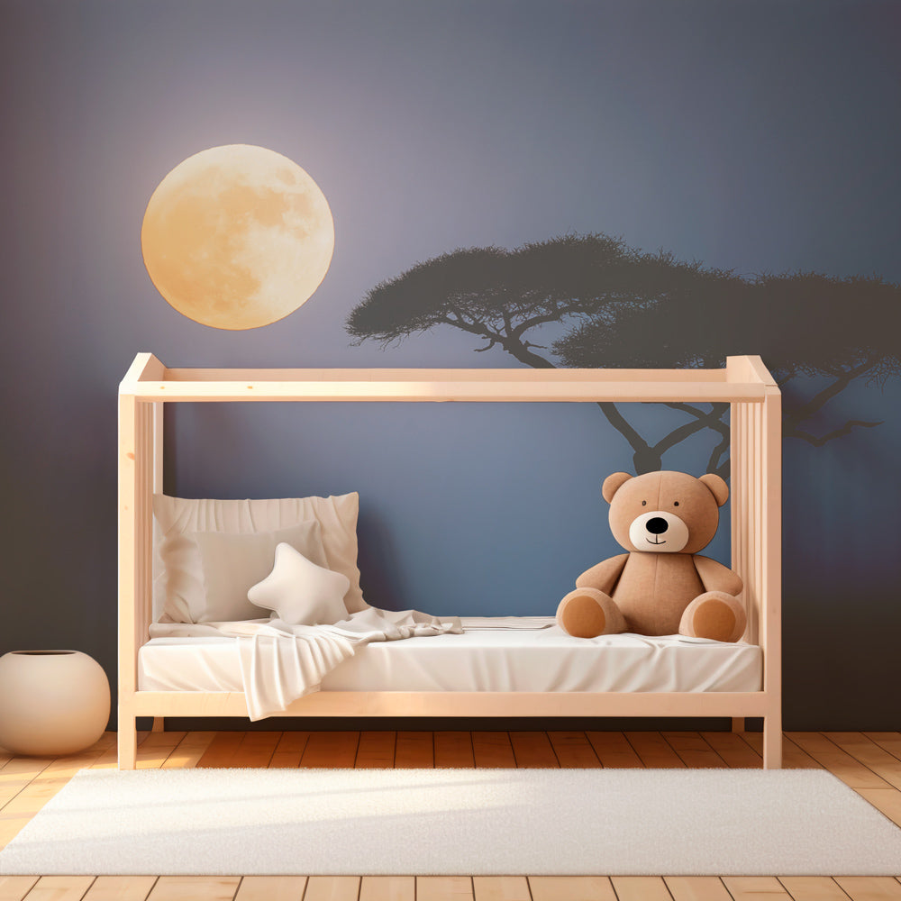 African savanna moon wallpaper transforming children's bedroom into magical nighttime landscape