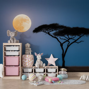 Mystical moon and acacia tree mural wallpaper inspiring bedtime stories in child's room by Kids-Mundo
