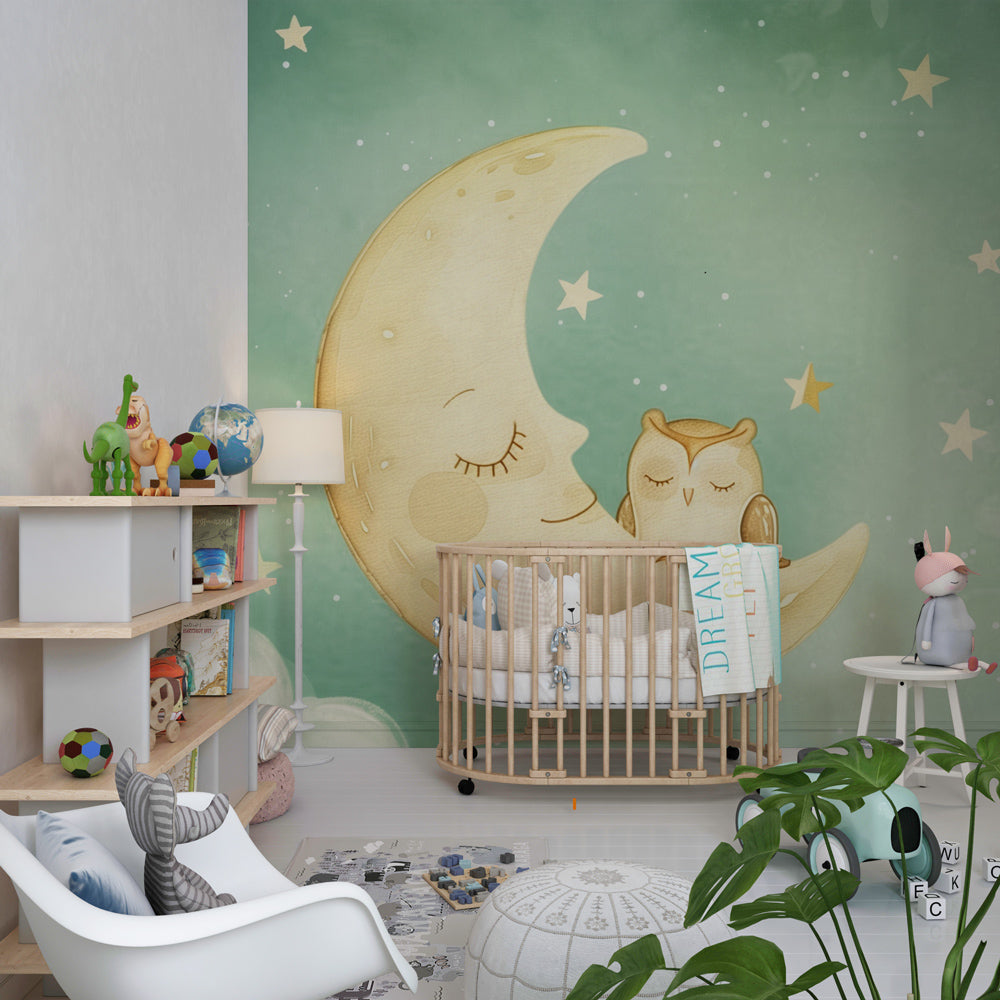 Kids-Mundo crescent moon wall mural with sleeping owl shown in a calm kids bedroom
