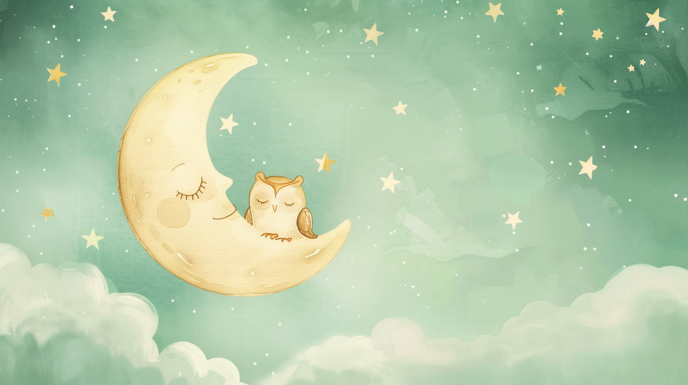 Crescent Moon and Sleepy Owl Wall Mural