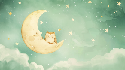 Kids-Mundo flat artwork of a sleepy owl nestled on a smiling crescent moon among stars