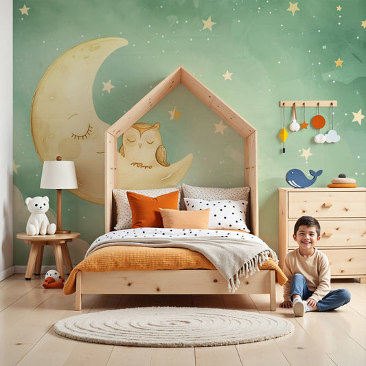 Kids-Mundo moon and owl wall mural styled as a soothing feature wall in a night-sky nursery
