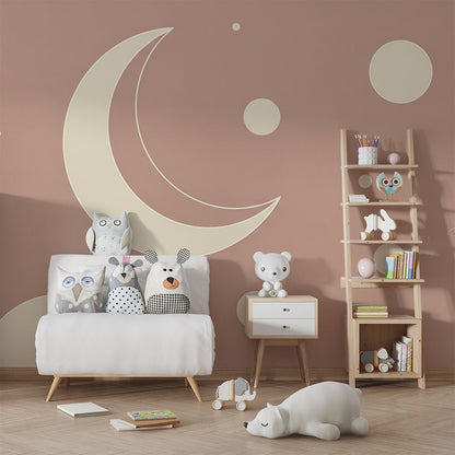 Kids-Mundo crescent moon wall mural behind a bed in a modern kids bedroom