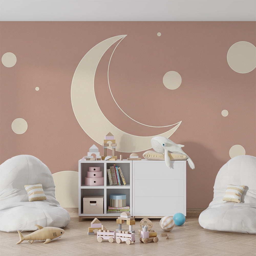 Kids-Mundo moon and stars mural covering a feature wall in a playroom corner