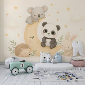 Moon and stars wallpaper transforming baby room into dreamy sanctuary with soft lighting