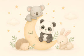 Detailed moon animals mural wallpaper design pattern featuring panda koala hedgehog by Kids-Mundo