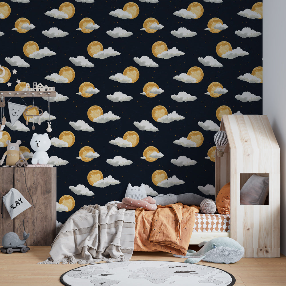Celestial themed mural wallpaper transforming kids room into magical night sky sanctuary