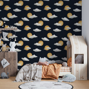 Celestial themed mural wallpaper transforming kids room into magical night sky sanctuary