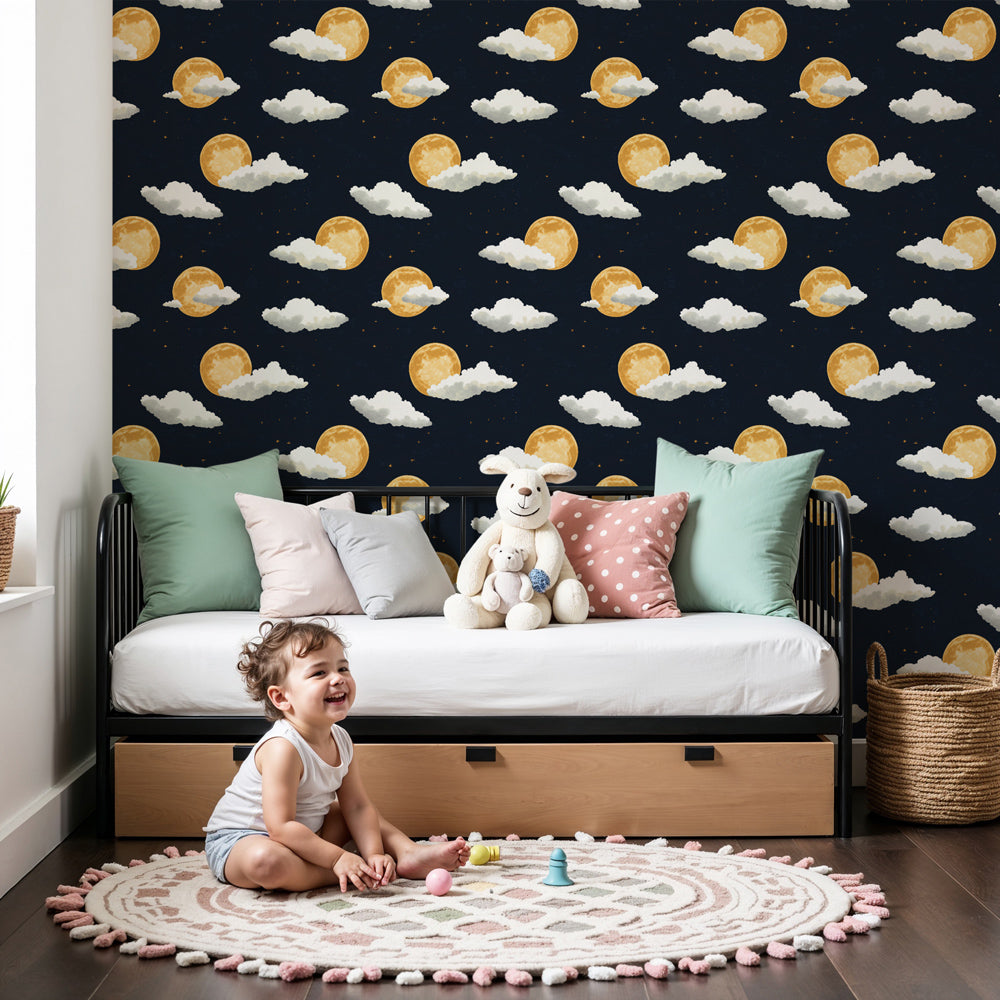 Golden moon and clouds mural wallpaper creating dreamy night sky atmosphere in kids bedroom by Kids-Mundo