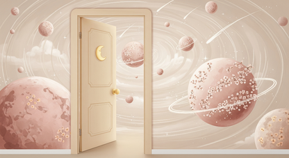 Flat artwork preview of the Kids-Mundo moon door wall mural with blossom planets