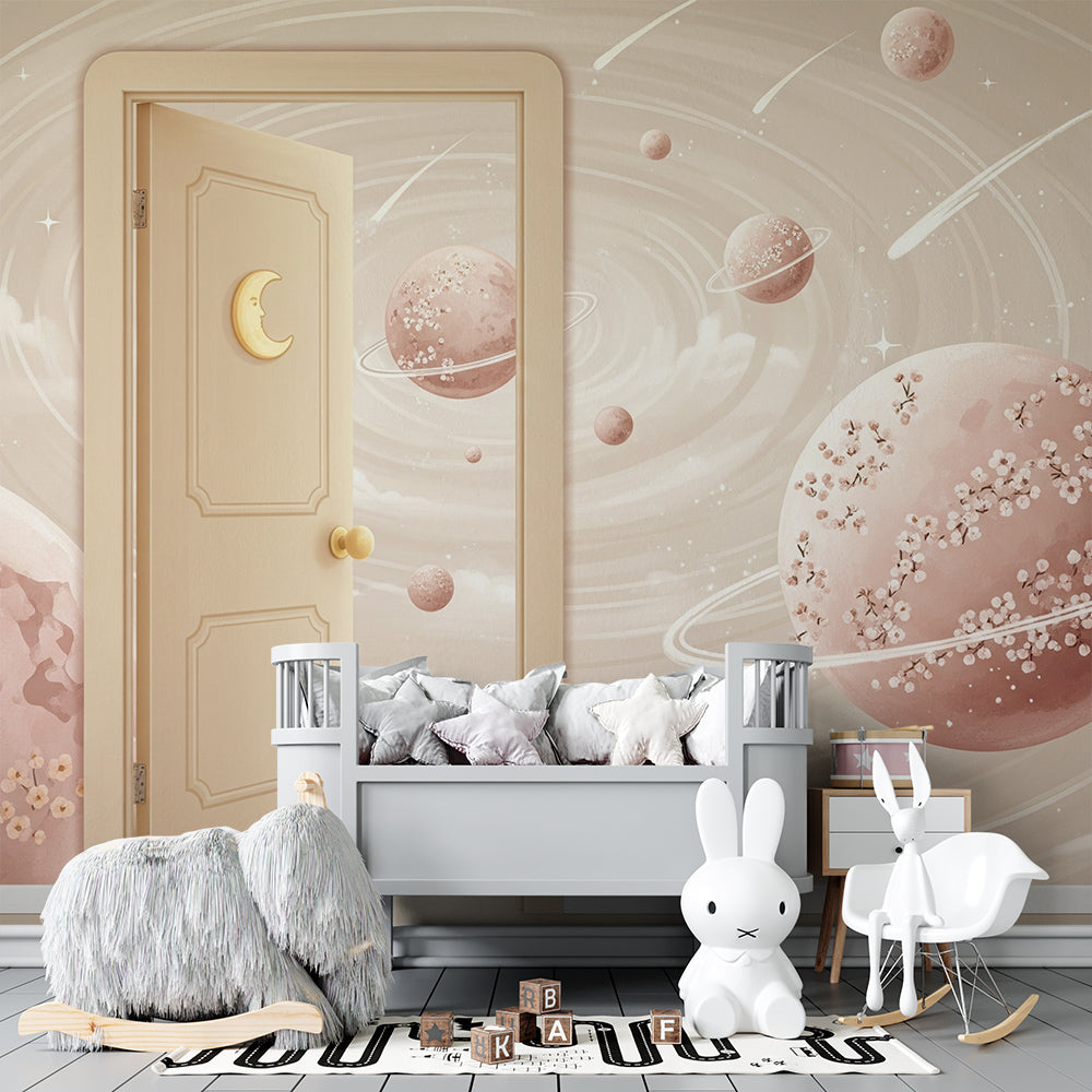 Moon door wall mural from Kids-Mundo shown along one wall of a soft pink playroom