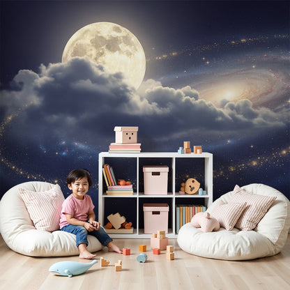 Kids-Mundo moon and galaxy wall mural in a starry nursery room setting