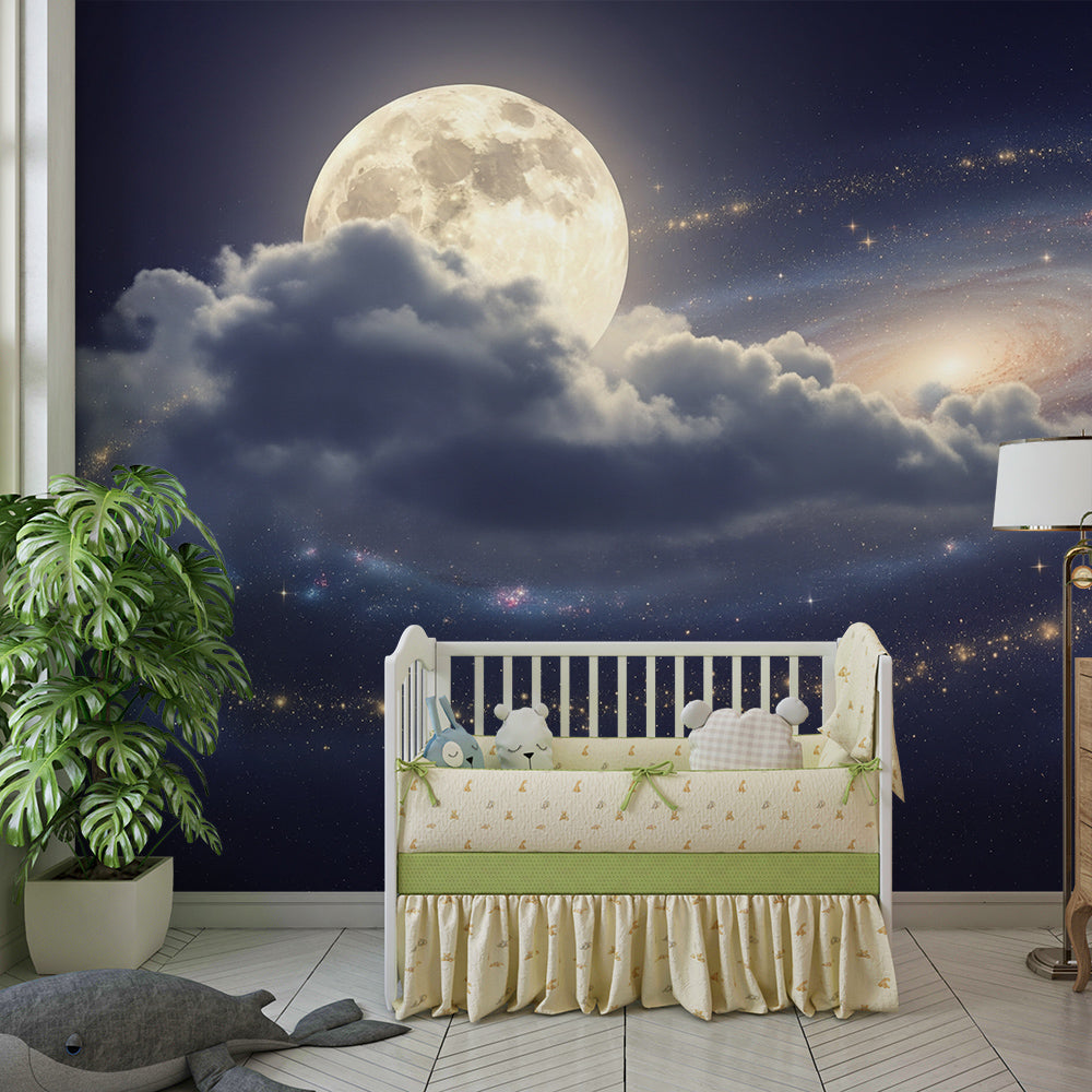 Kids-Mundo moon and galaxy wall mural decorating a dreamy playroom wall