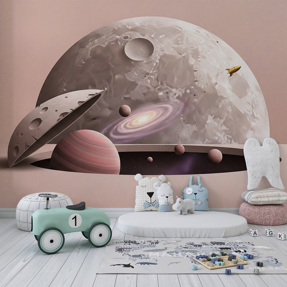 Kids-Mundo moon hatch and rocket wall mural featured in a bright children's playroom