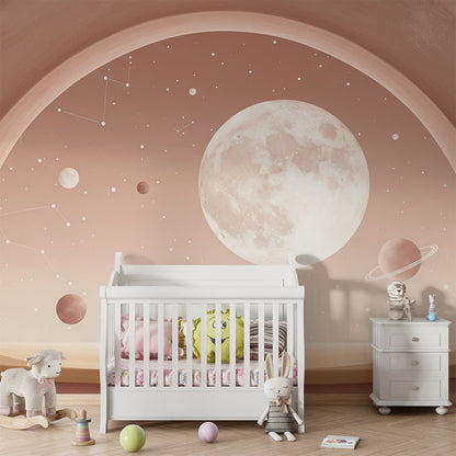 Kids-Mundo arched moon and planets wall mural on a feature wall in a girls' kids bedroom