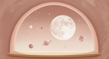 Flat artwork preview of the Kids-Mundo blush pink moon and planets wall mural design