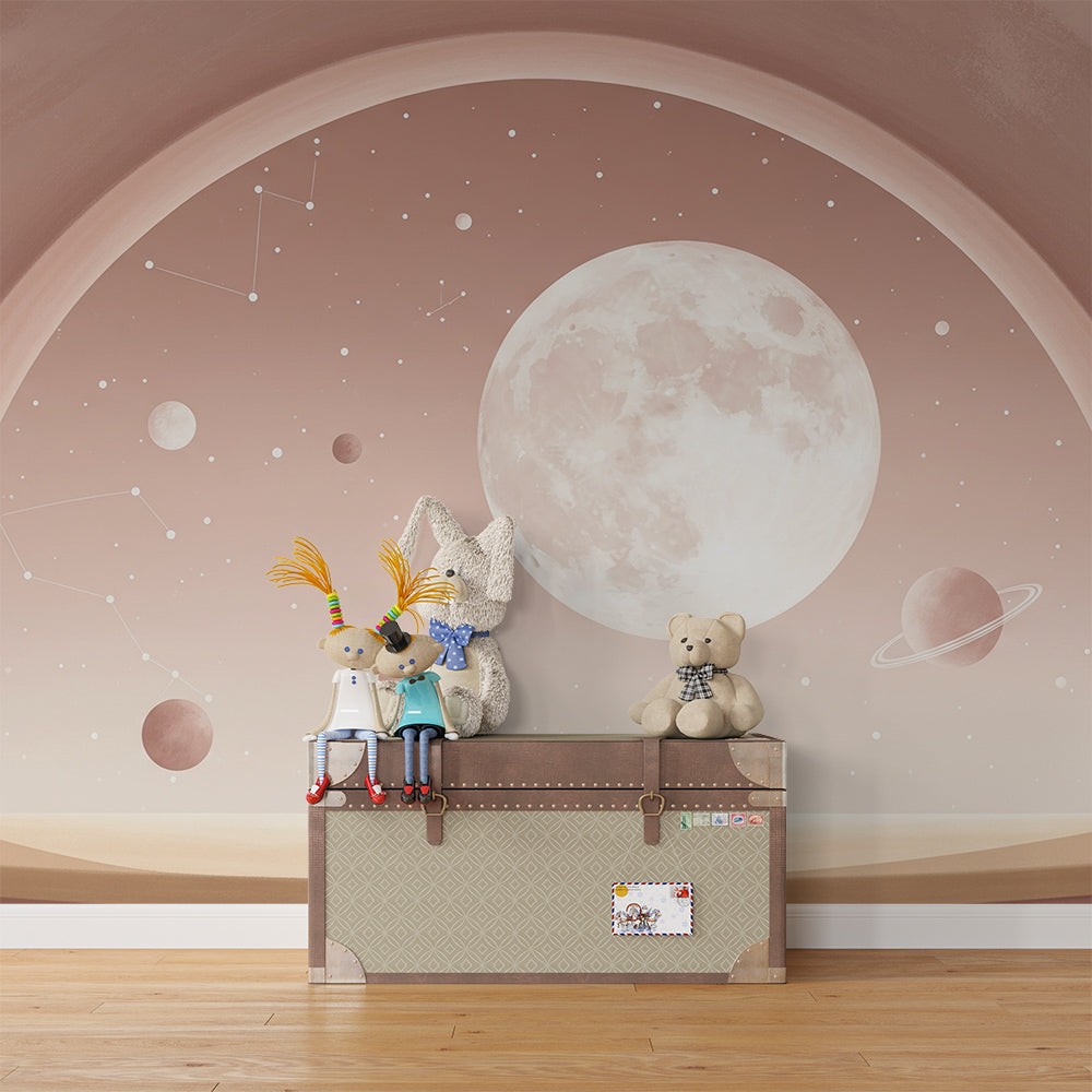 Moon and planets wall mural from Kids-Mundo shown as a cosy reading nook in a playroom