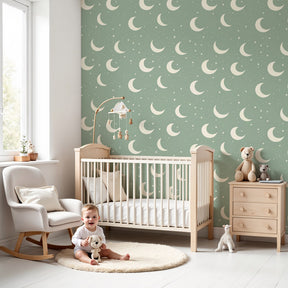 Moon star mural wallpaper decorating peaceful nursery with pale green celestial theme by Kids-Mundo