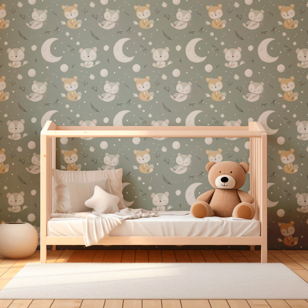 Moon and stars animal wallpaper transforming baby room into magical sleep sanctuary