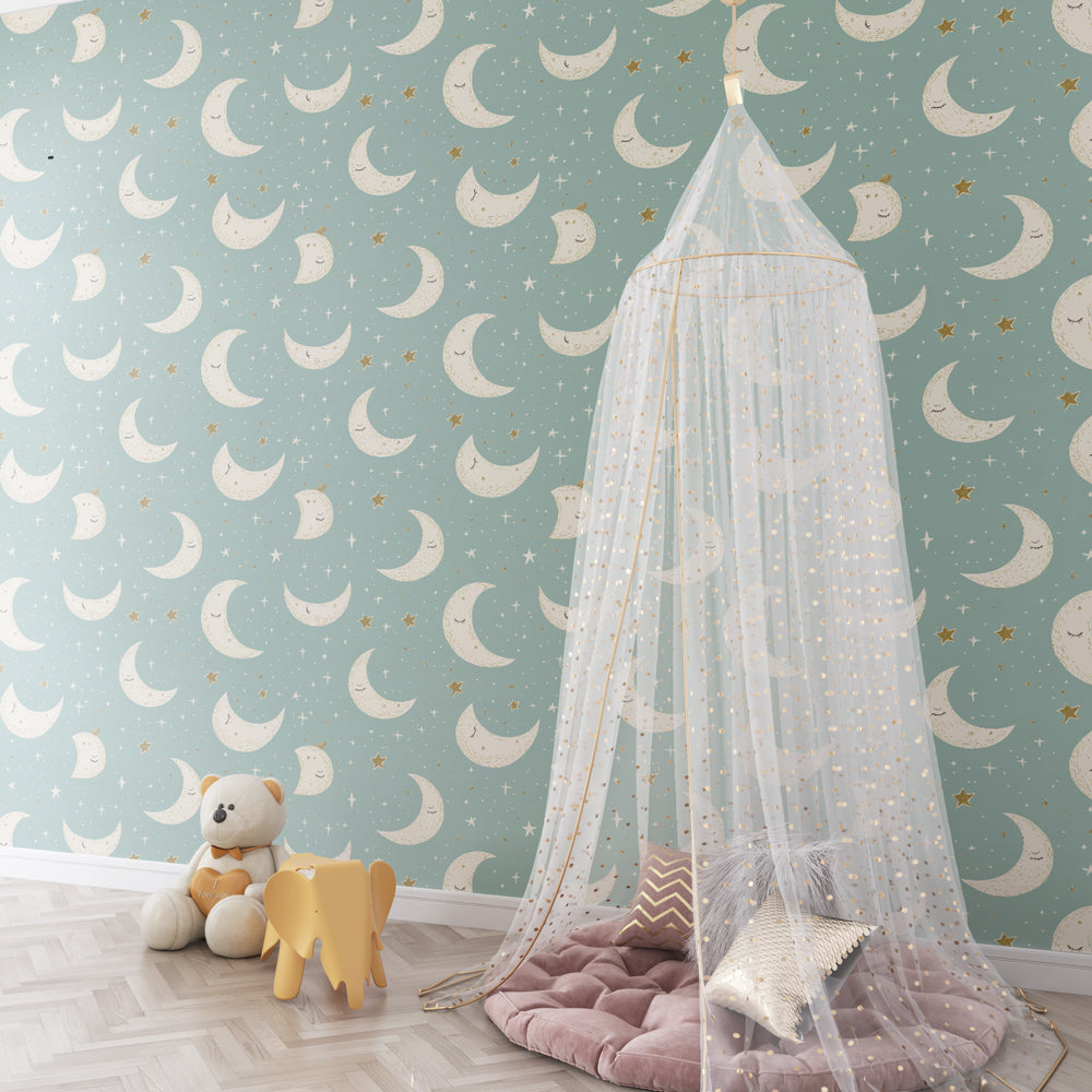Detailed view of moon stars wallpaper showing golden celestial motifs on deep blue background