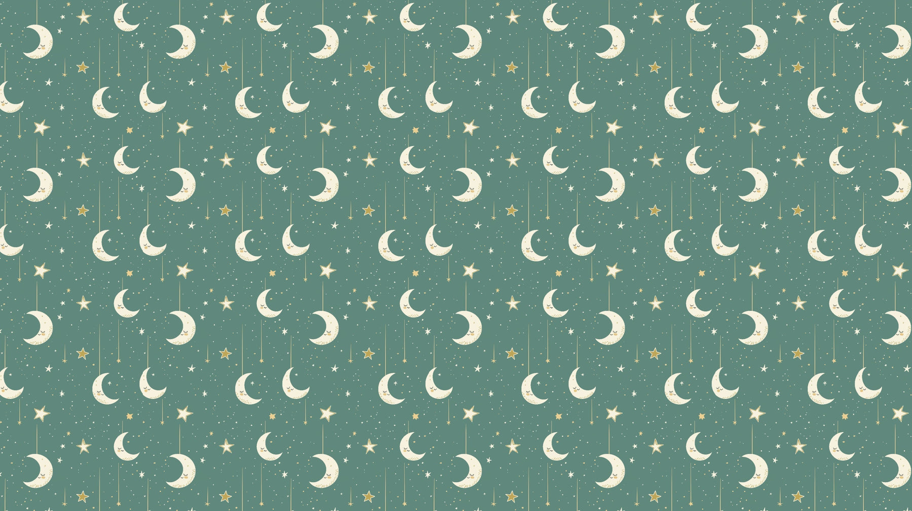 Detailed golden moon and stars mural wallpaper design pattern on soft green background by Kids-Mundo