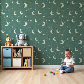 Golden moon and stars mural wallpaper creating dreamy nursery atmosphere by Kids-Mundo