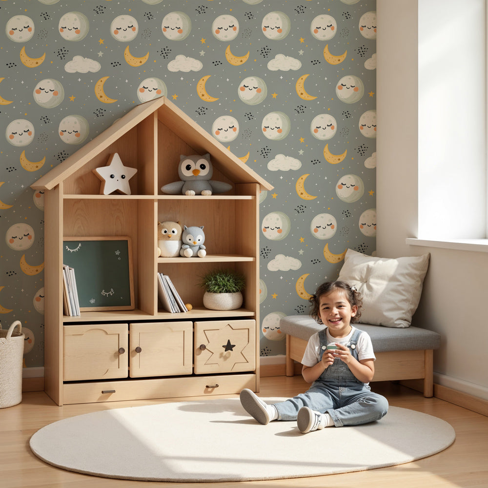 Moon and stars mural wallpaper creating magical nighttime atmosphere in modern nursery by Kids-Mundo