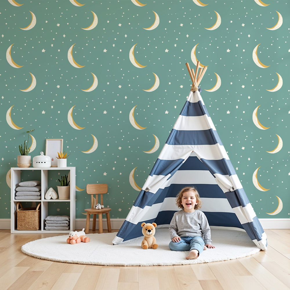 Golden moon and stars mural wallpaper creating magical nursery atmosphere by Kids-Mundo