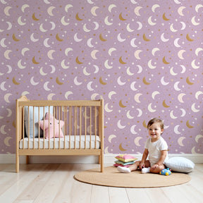 Pink moon and stars mural wallpaper creating dreamy celestial nursery decor by Kids-Mundo