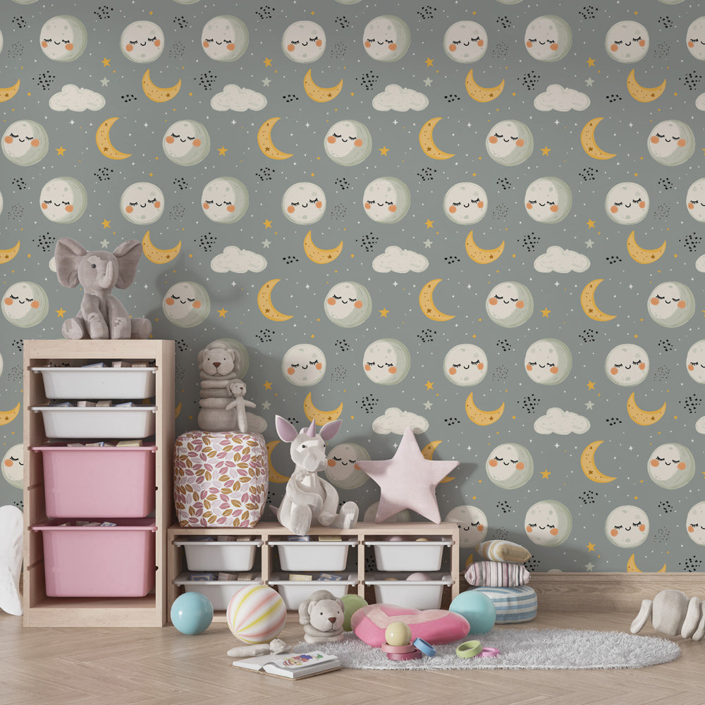 Smiling celestial moon stars wallpaper decorating cozy children's bedroom with dreamy night sky theme