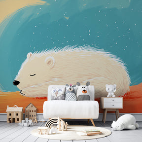 Moon and stars bear wallpaper for toddler room with dreamy blue orange gradient