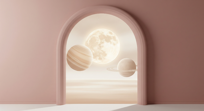 Kids-Mundo flat artwork of a pink archway framing a glowing moon and two ringed planets