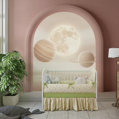 Kids-Mundo glowing moon archway mural decorating a bright children's playroom wall