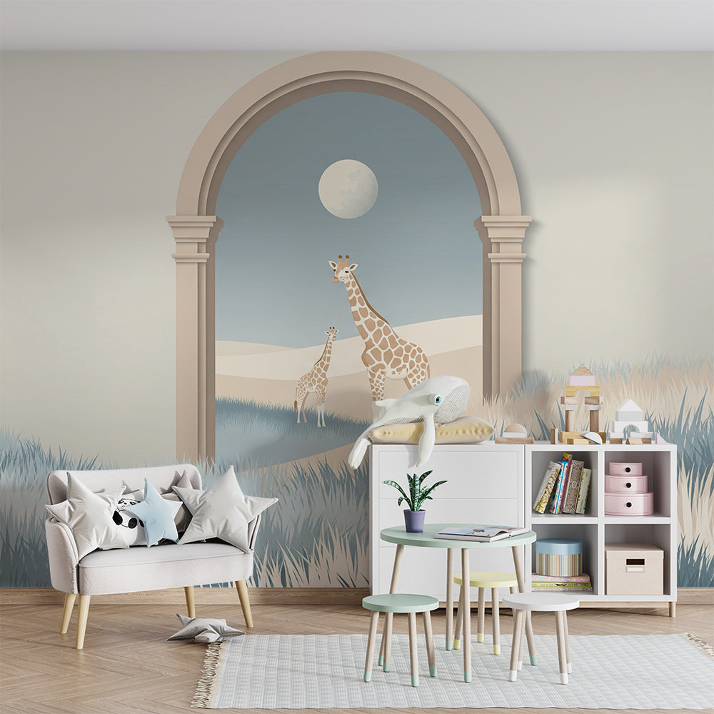 Kids-Mundo moonlit giraffe archway mural on a feature wall in a calm children's bedroom