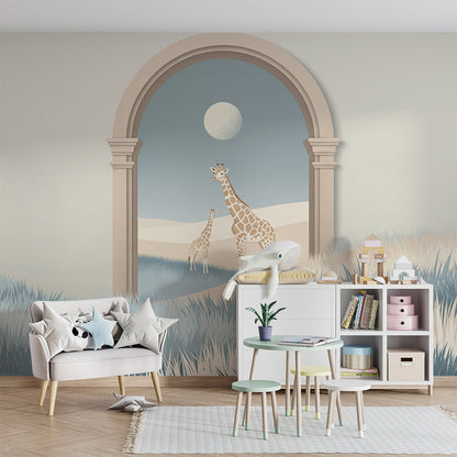 Kids-Mundo moonlit giraffe archway mural on a feature wall in a calm children's bedroom