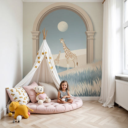 Kids-Mundo giraffe moonlit dunes wall mural styled in a soft blue-toned nursery with a cot