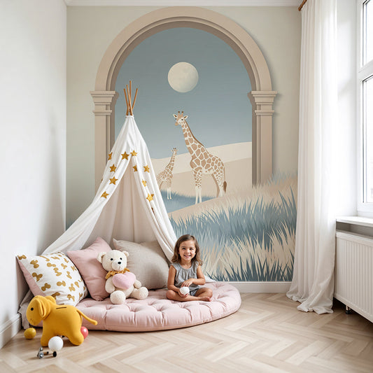 Kids-Mundo giraffe moonlit dunes wall mural styled in a soft blue-toned nursery with a cot