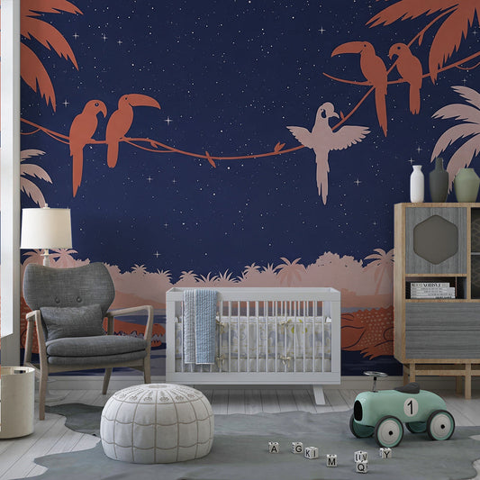 Kids-Mundo jungle parrots and crocodiles mural covering a bedroom feature wall